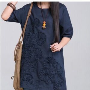 Depending on the Horizon, Embroidered Floral Loose Casual Dress in Navy, Size XL